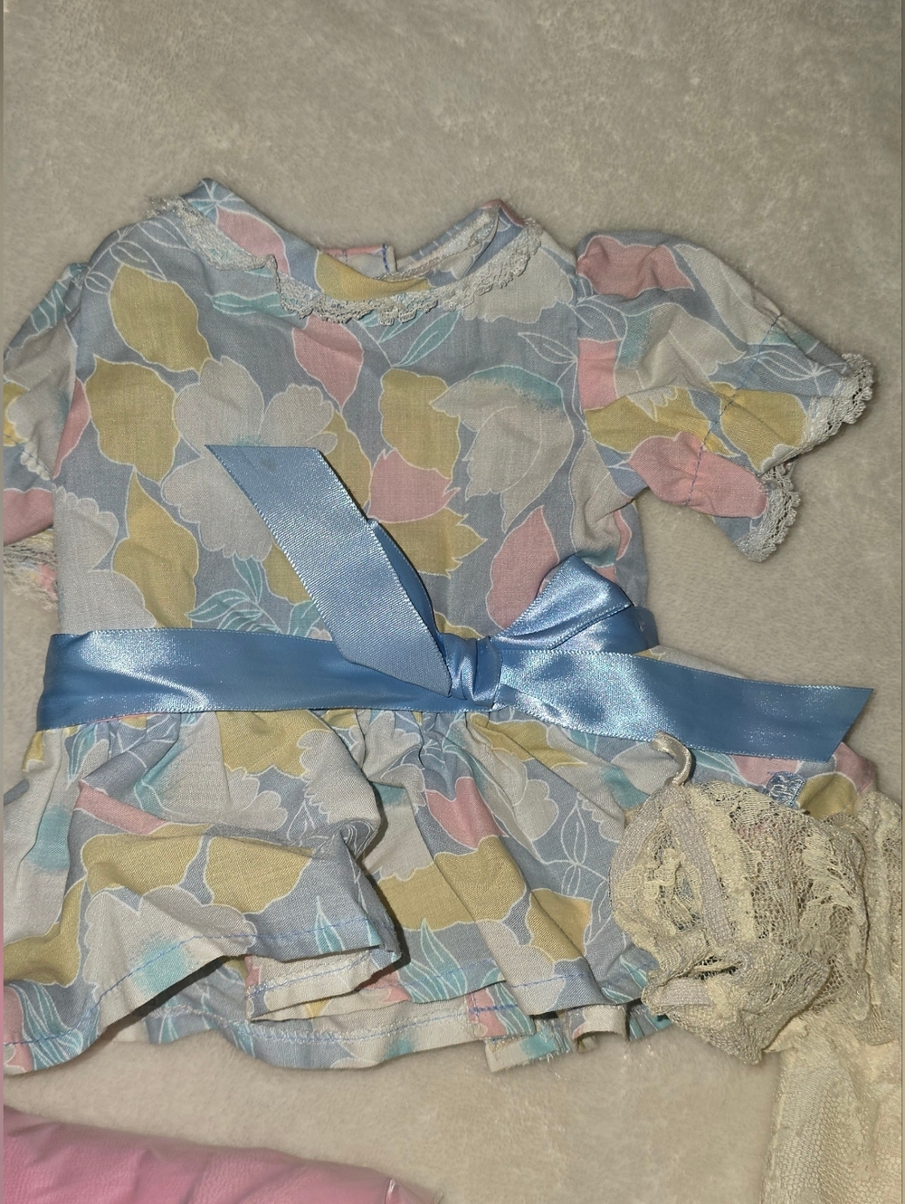 Vintage Cabbage Patch Kids Clothes Pastel Floral Drop Waist Dress Blue Bow 1980s